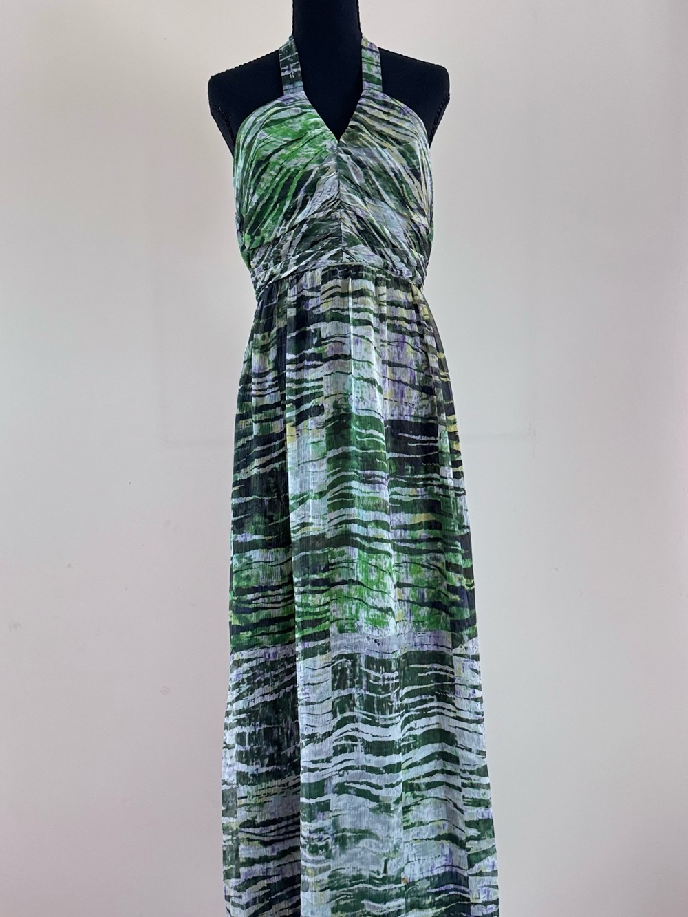 Matty M Green Leafy Multi-Stripe Halter Maxi Dress